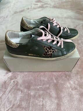 Golden Goose Super Star Green Leather Sneakers with Leopard Star & Pink Laces